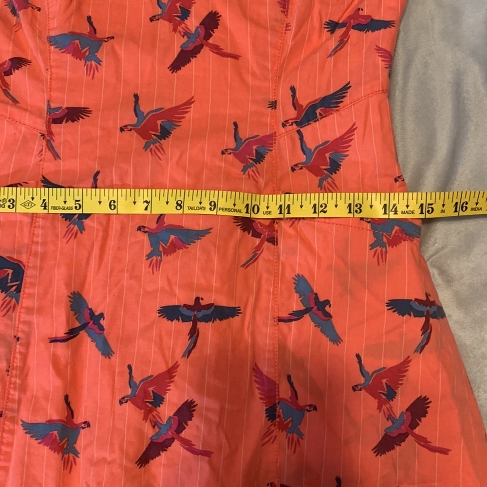 Free people coral pin stripe Orange Parrots bird Print Strapless Dress pockets 6 - Picture 8 of 8